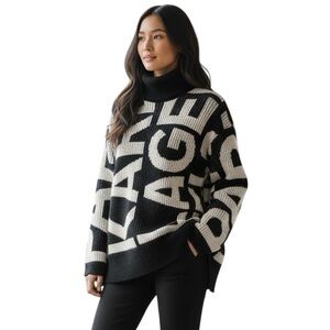 Karl Lagerfeld Paris Black White Logo Mock Neck Sweater Women’s M Knit Chic